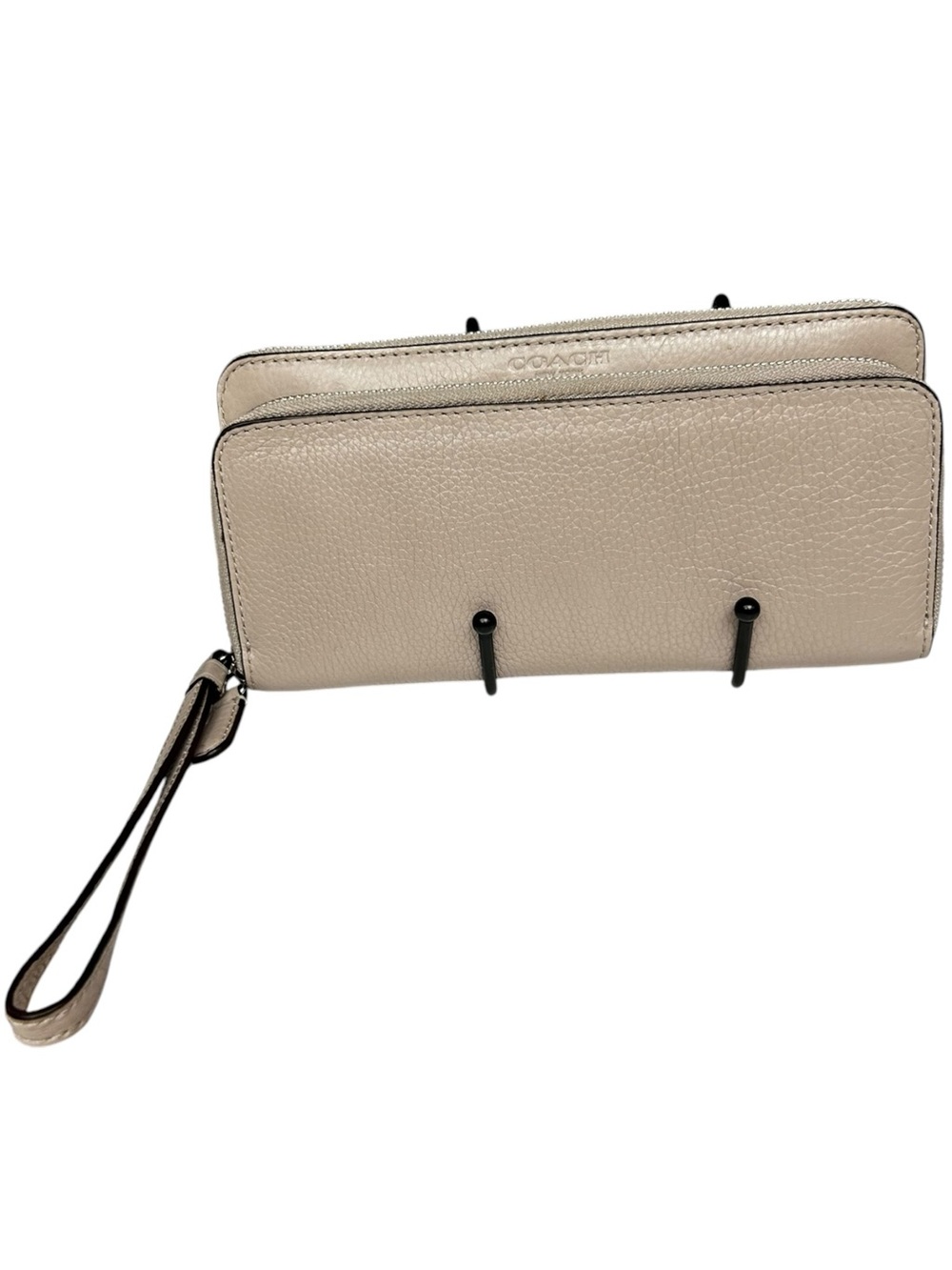 Coach Light Taupe Double Zip Long Leather Wallet Wristlet Strap
